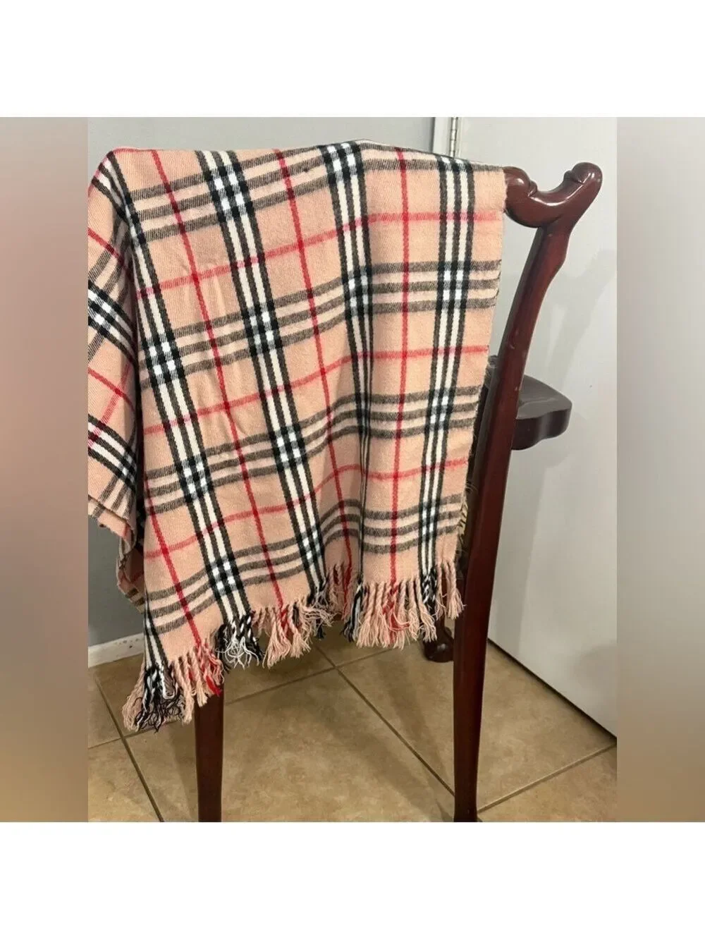Royal Rossi Plaid Cashmere Wrap Shawl Blanket Scarf Tan Red Oversized Cozy